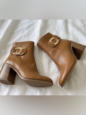 See By Chloe Tan Leather Ankle Boots Gold Buckle Block Heel Bohemian US 7/37